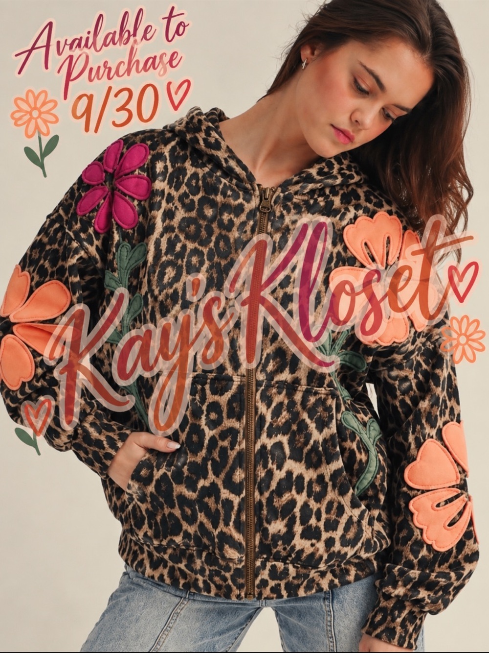BF93–(ETA 9/30) 🤎🖤🧡🩷Leopard Print Bomber Jacket with Floral Appliqués